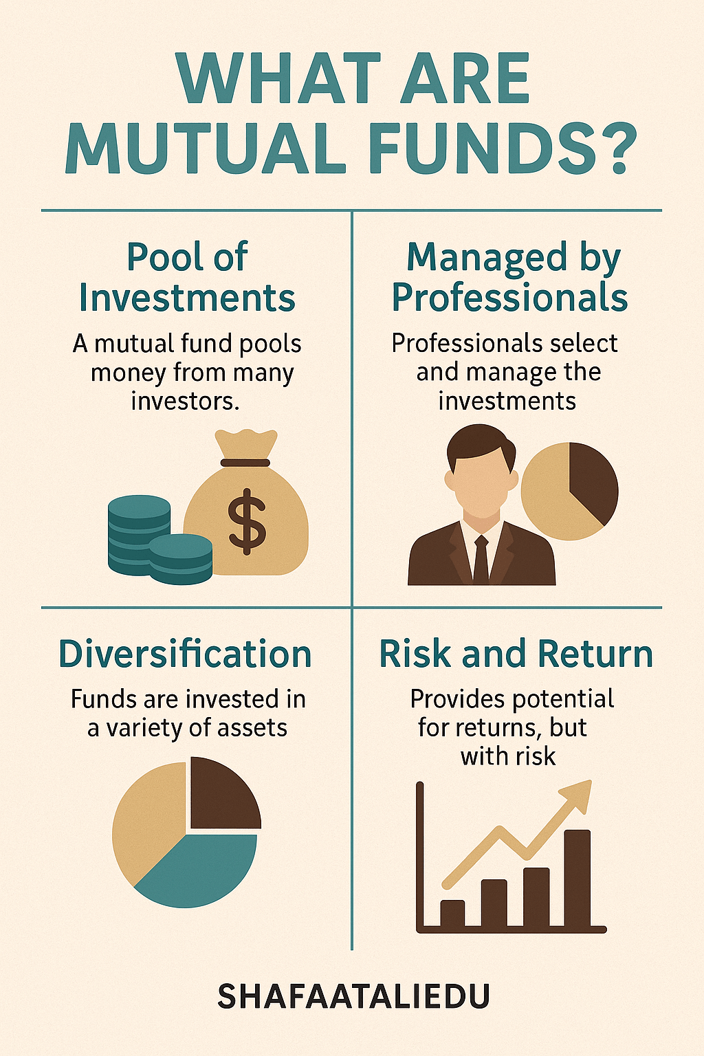 Infographic explaining mutual funds, covering pooling of investments, professional management, diversification, and risk-return balance.
