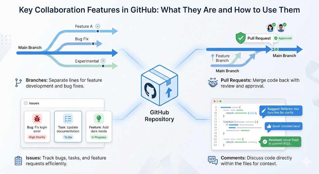 Diagram showing key GitHub collaboration features, including branches, pull requests, issues, and code comments connected to a central GitHub repository.