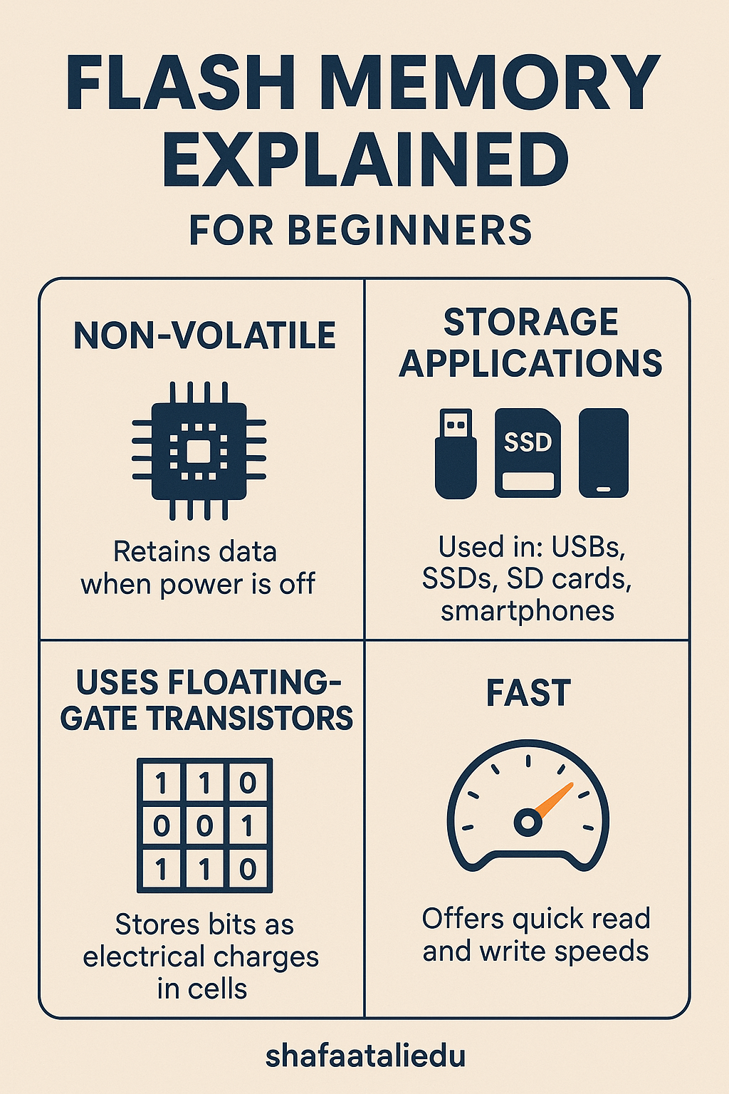 Infographic explaining flash memory basics for beginners, highlighting non-volatility, storage uses, floating-gate transistors, and fast performance.