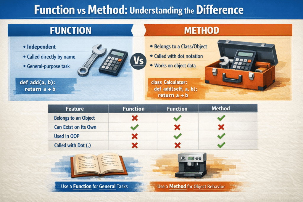 Infographic comparing functions and methods in programming, showing differences in independence, object association, dot notation, and object-oriented programming usage.