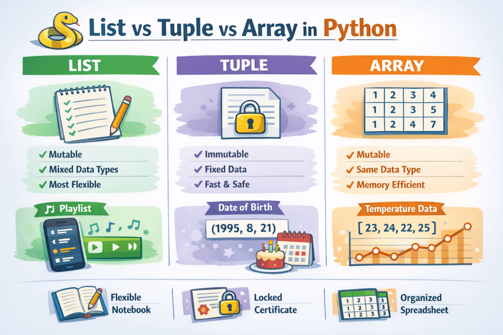 Wide infographic titled “List vs Tuple vs Array in Python” comparing three Python data structures side-by-side. The List section highlights mutable, mixed data types, and flexibility with a notebook and playlist illustration. The Tuple section shows immutable and fixed data with a lock, certificate, and date of birth example. The Array section emphasizes same data type, memory efficiency, and numerical data with a spreadsheet and temperature chart illustration.