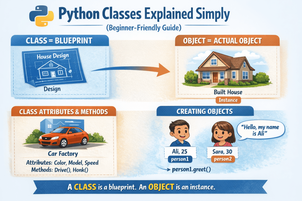 Python classes explained visually, showing class as a blueprint and object as an instance using house, car, and person examples.
