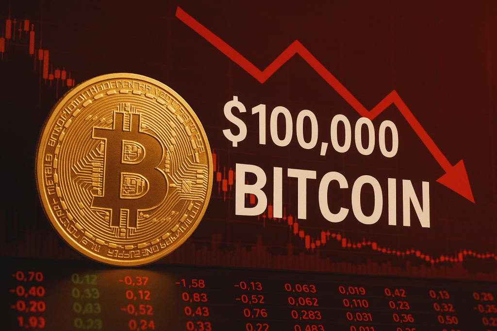 Gold Bitcoin coin with a red downward arrow and text reading “$100,000 Bitcoin” against a financial chart background.