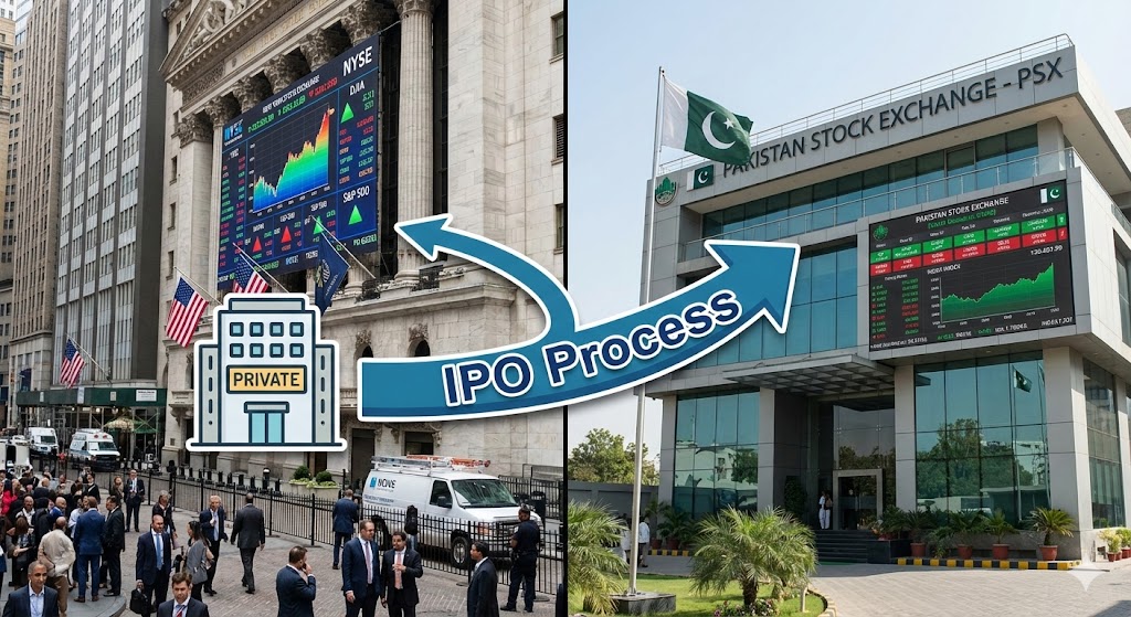 “Comparison of New York Stock Exchange and Pakistan Stock Exchange with graphics illustrating a company’s transition from private to public through the IPO process.”