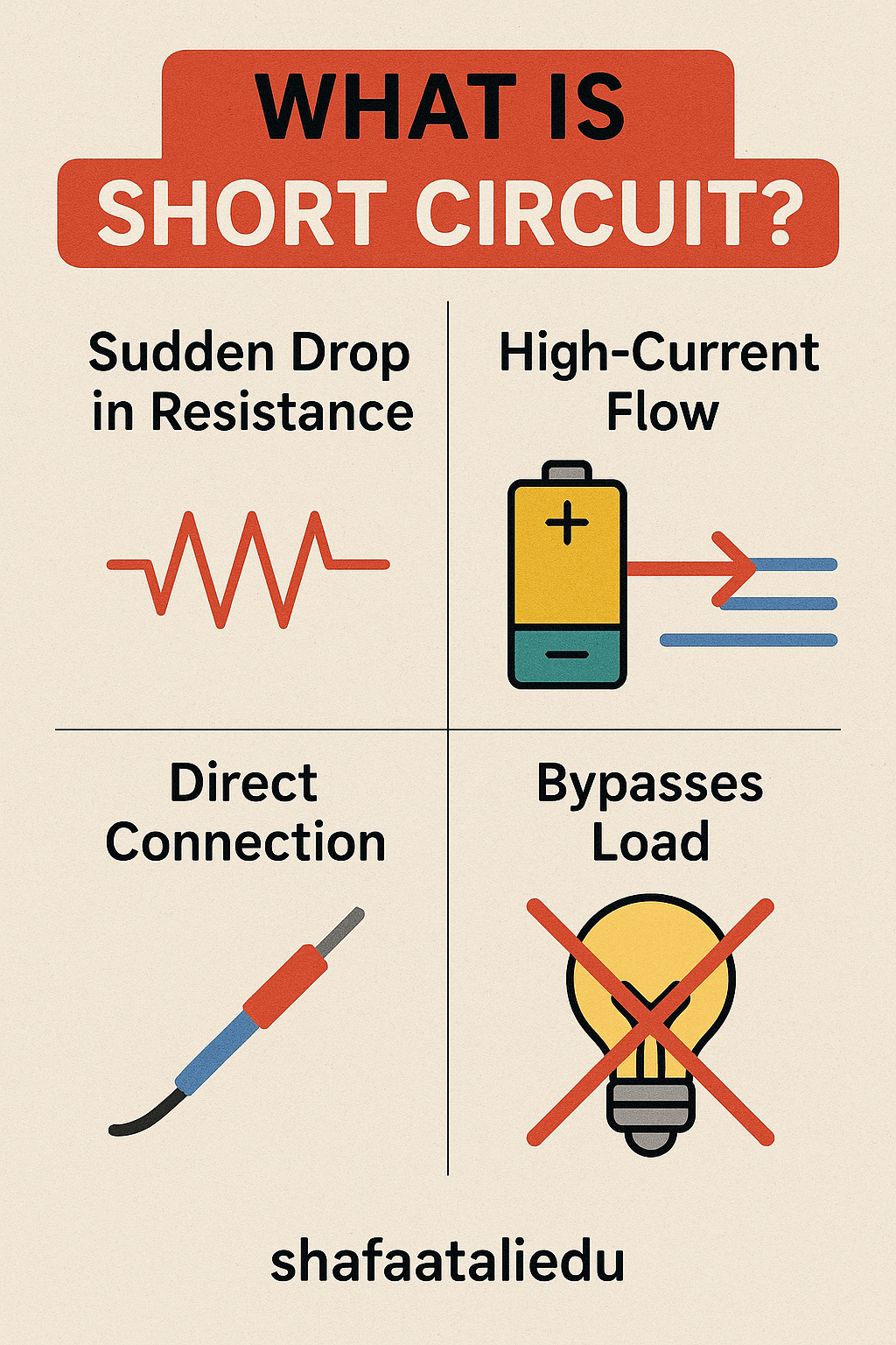 Infographic explaining short circuits, including sudden resistance drop, high-current flow, direct connection, and bypassing the load.