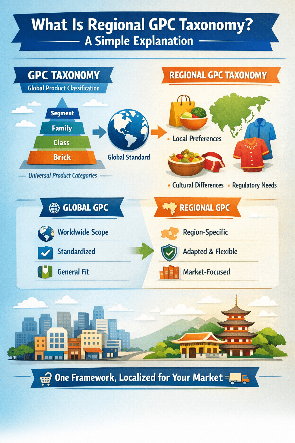 Infographic explaining regional GPC taxonomy, comparing global product classification standards with region-specific adaptations based on local preferences, culture, and regulations.