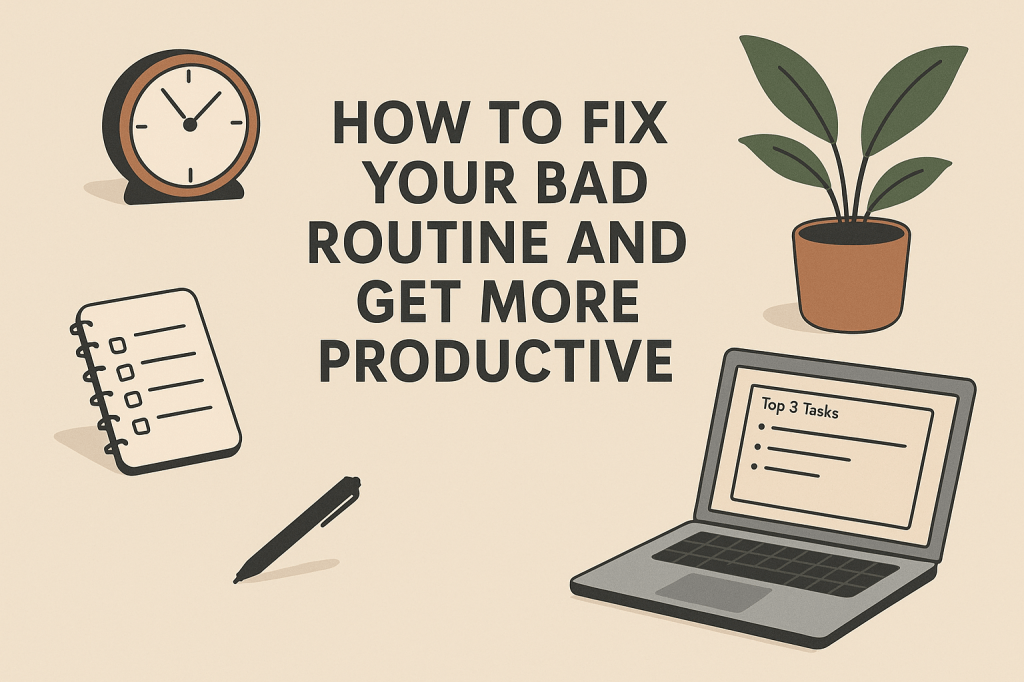 Illustration featuring productivity elements including a clock, notebook, pen, laptop, and plant surrounding the text “How to Fix Your Bad Routine and Get More Productive.”