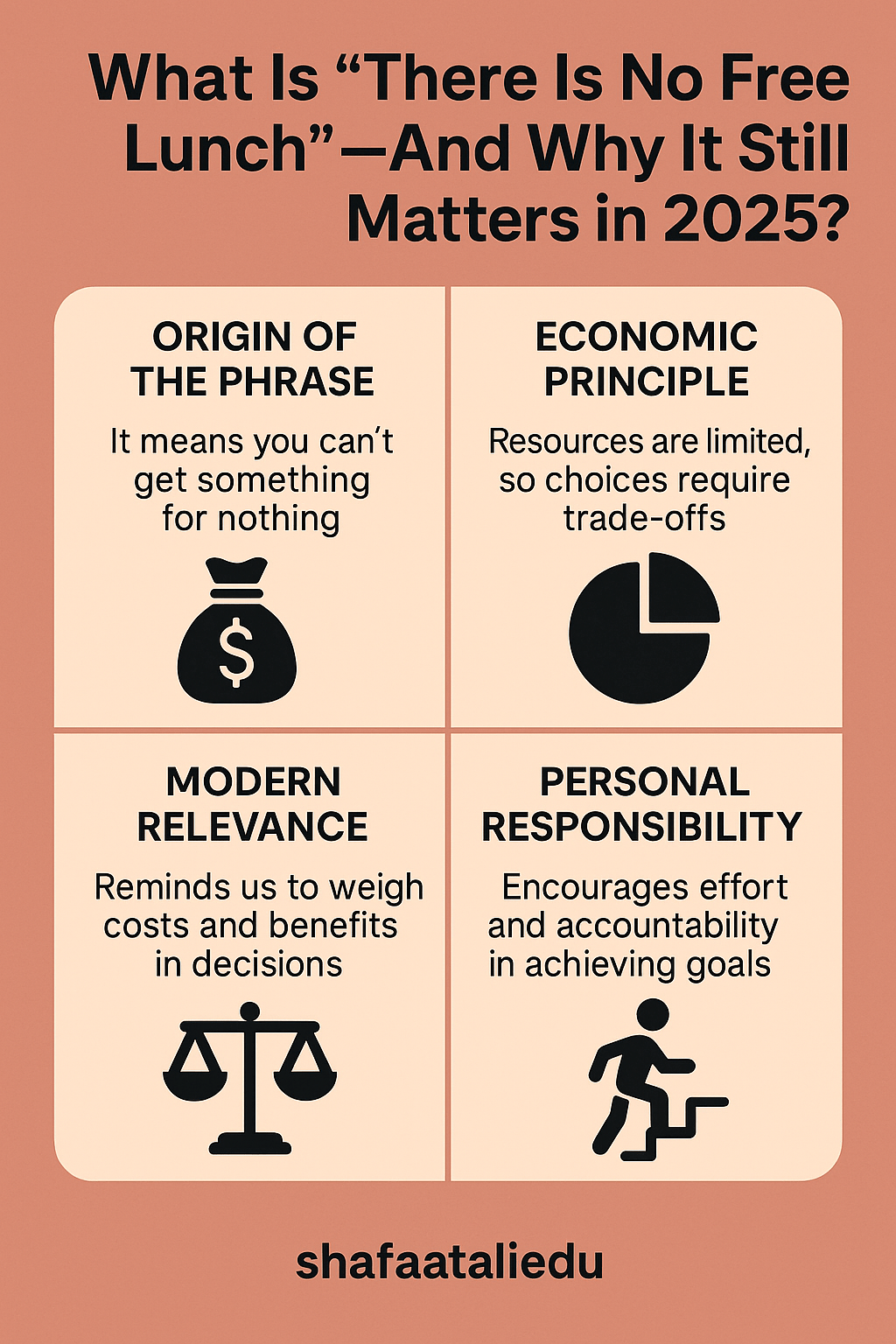 Infographic explaining the phrase “There Is No Free Lunch” and its significance in 2025, covering its origin, economic principle, modern relevance, and personal responsibility.