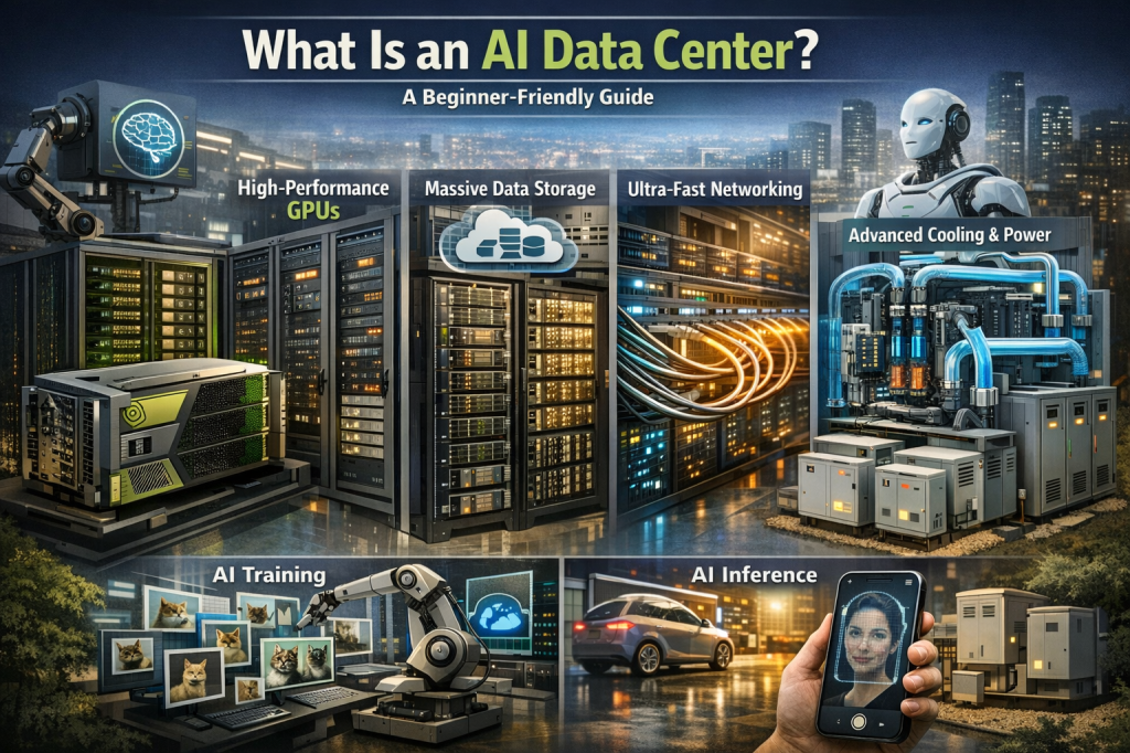 AI data center infographic showing GPUs, data storage, networking, cooling systems, AI training, and AI inference workflows.