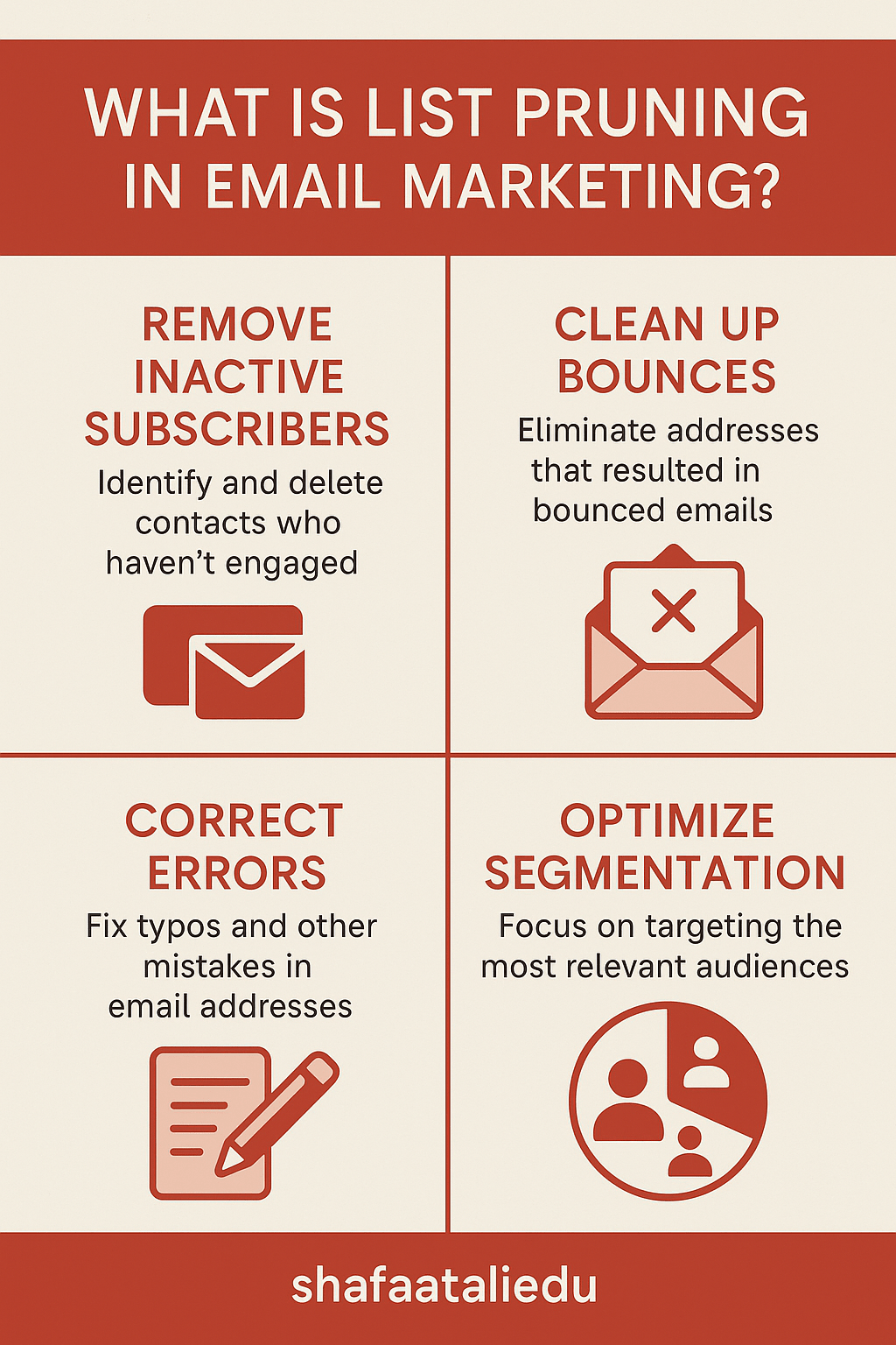 Infographic explaining list pruning in email marketing, including removing inactive subscribers, cleaning up bounces, correcting errors, and optimizing segmentation.
