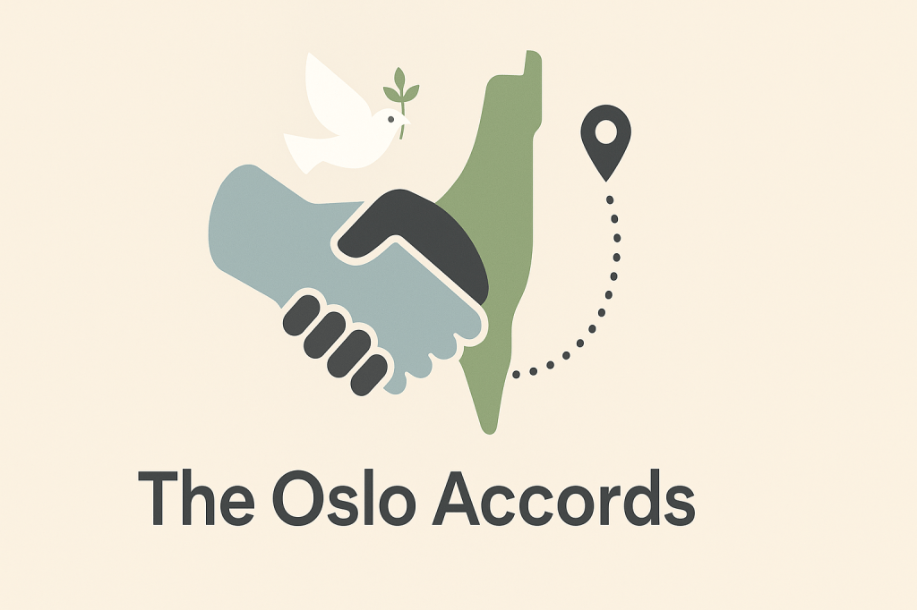 Illustration representing the Oslo Accords with a handshake, map of Israel/Palestine, peace dove, and location marker.