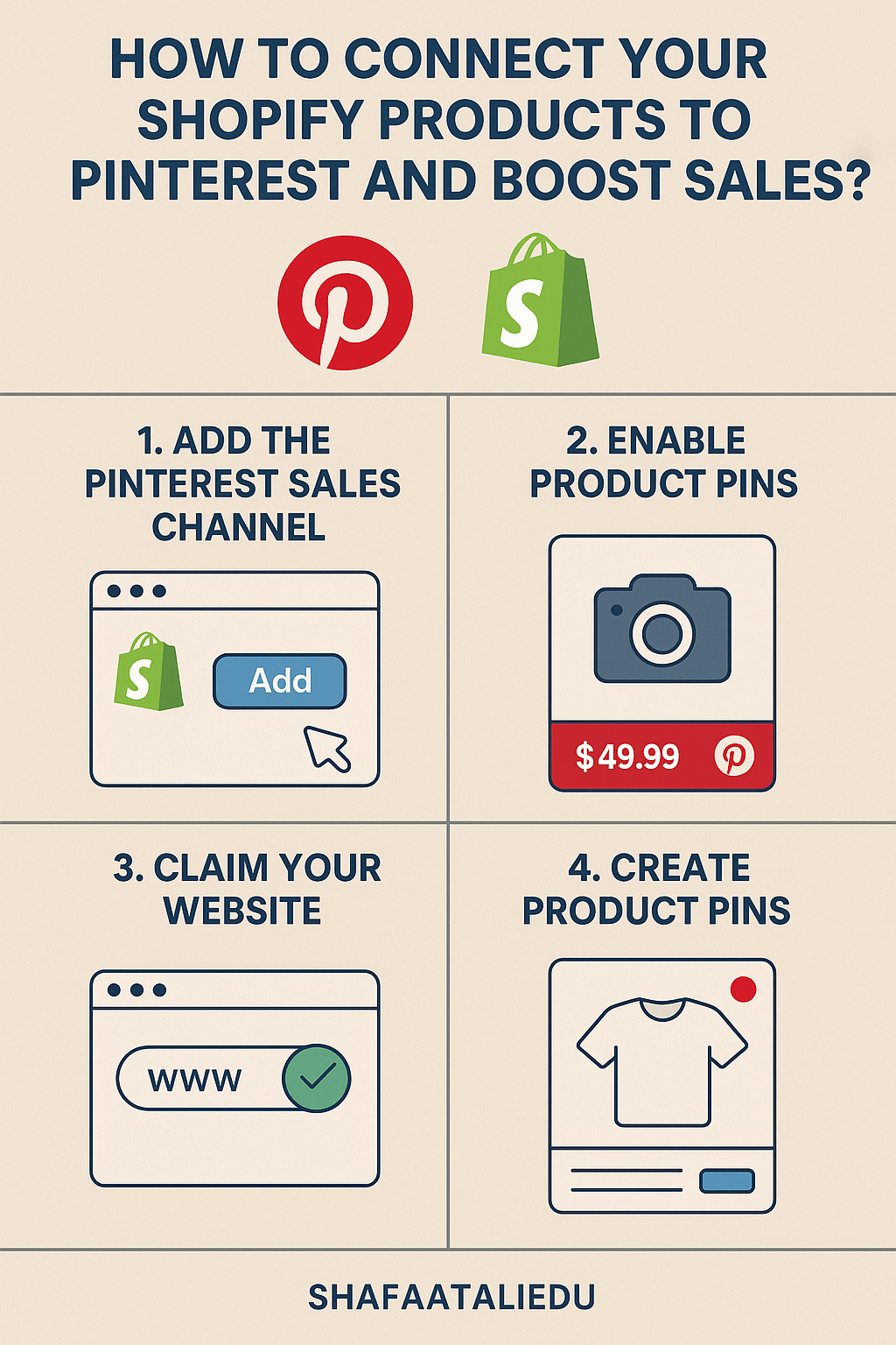 Infographic showing how to connect Shopify products to Pinterest, including adding the Pinterest sales channel, enabling product pins, claiming your website, and creating product pins.
