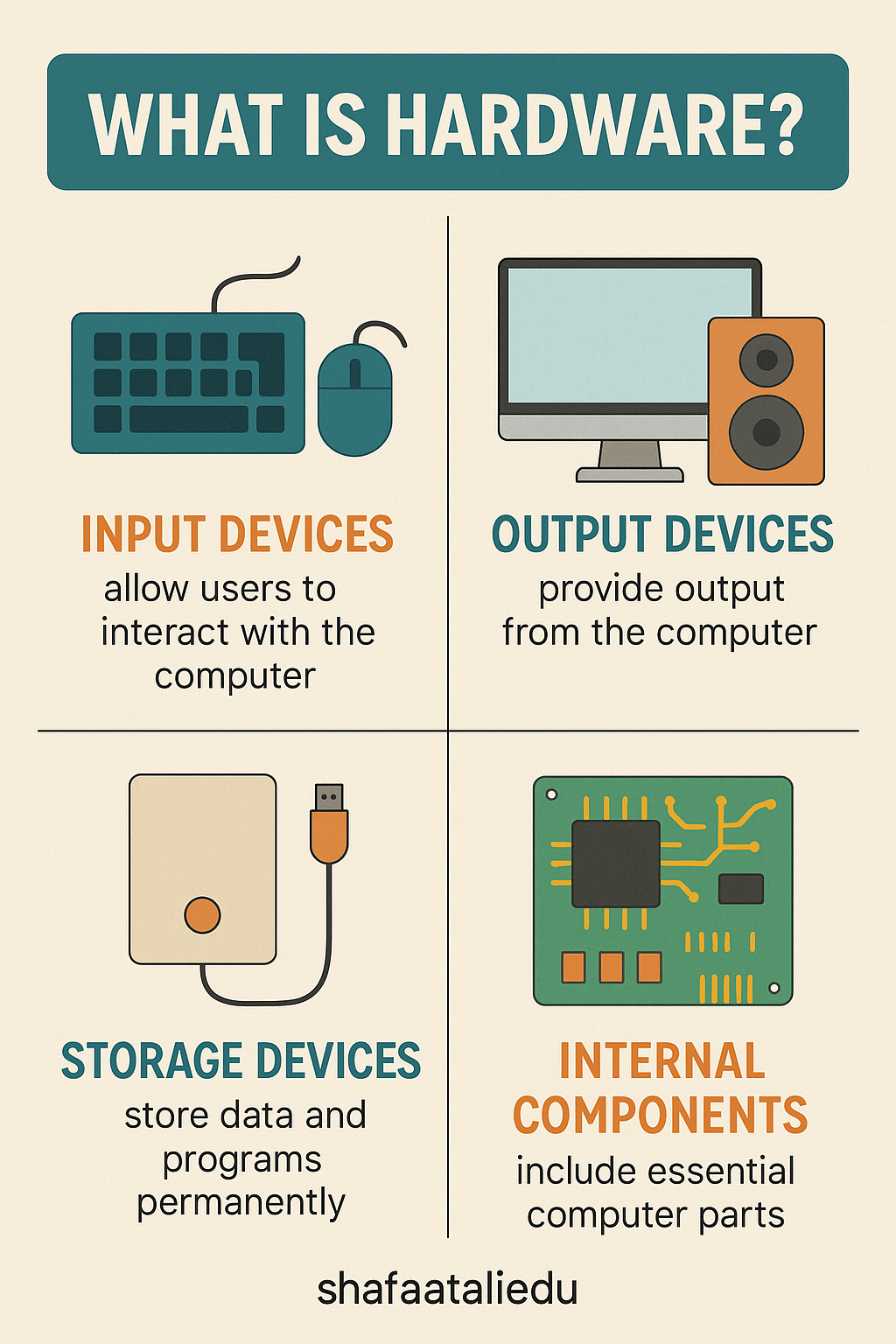 Infographic explaining computer hardware components, including input devices, output devices, storage devices, and internal components.