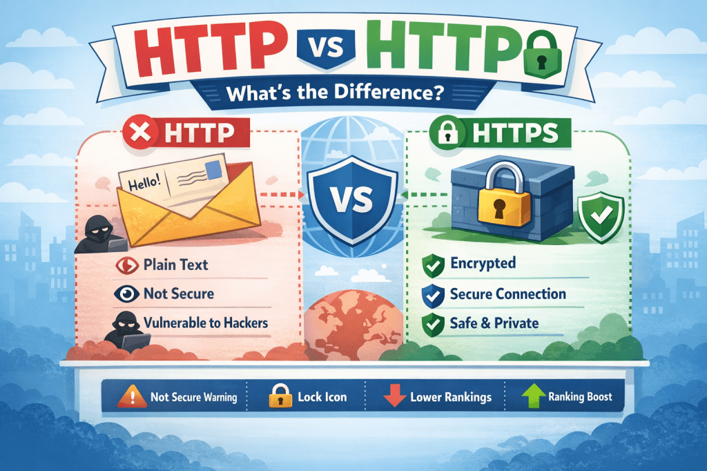 HTTP vs HTTPS comparison infographic showing HTTP as insecure and HTTPS as encrypted and secure with lock icons.