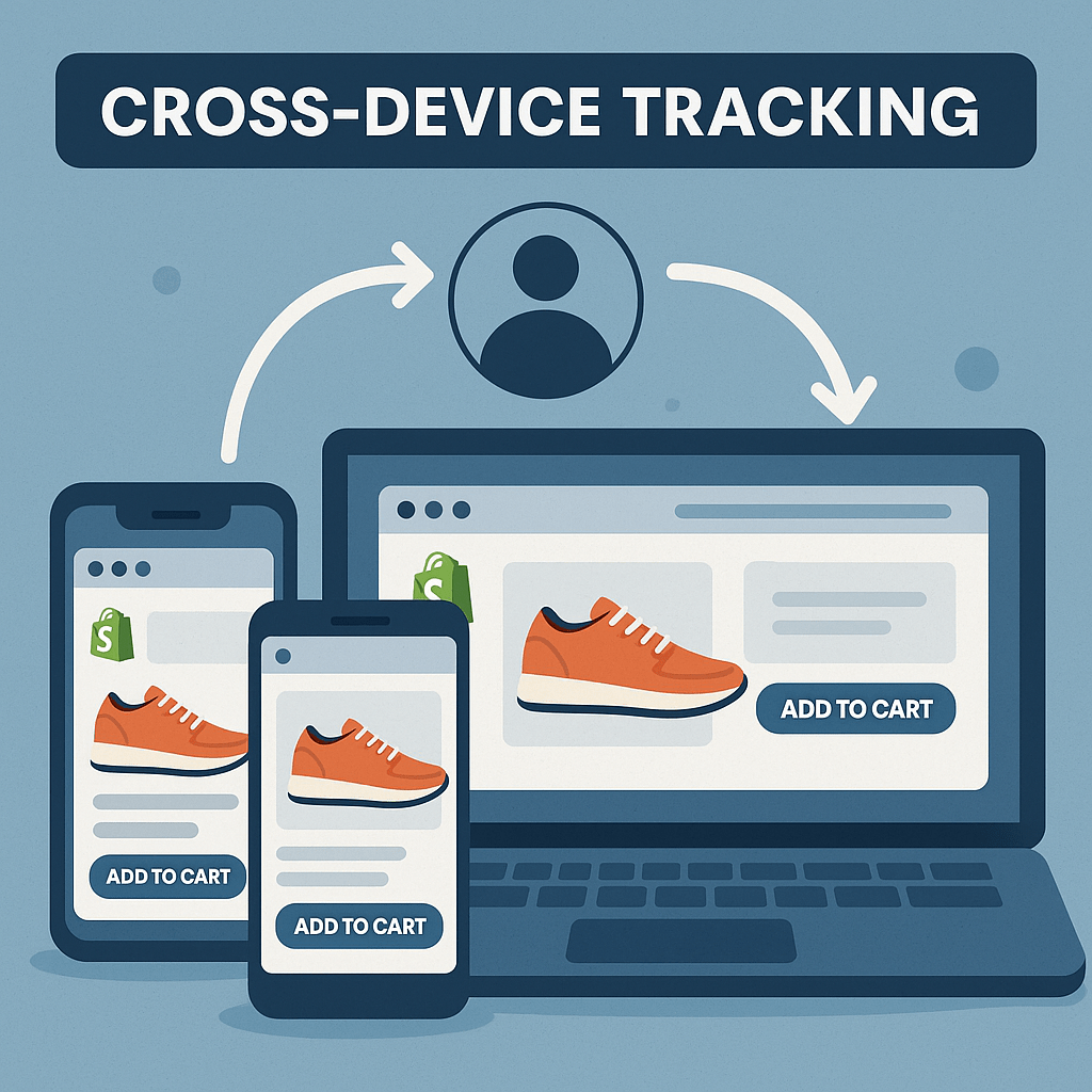 Illustration showing cross-device tracking, where a user’s shopping activity is tracked across multiple devices including phones and a laptop using Shopify.
