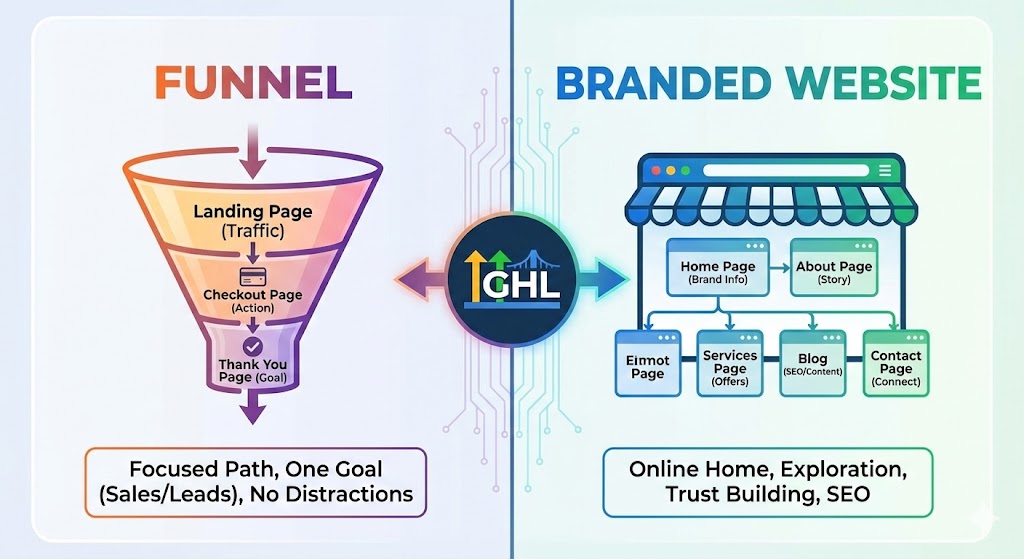 Comparison graphic showing a marketing funnel versus a branded website, illustrating the difference between a focused sales path and a multi-page online presence.