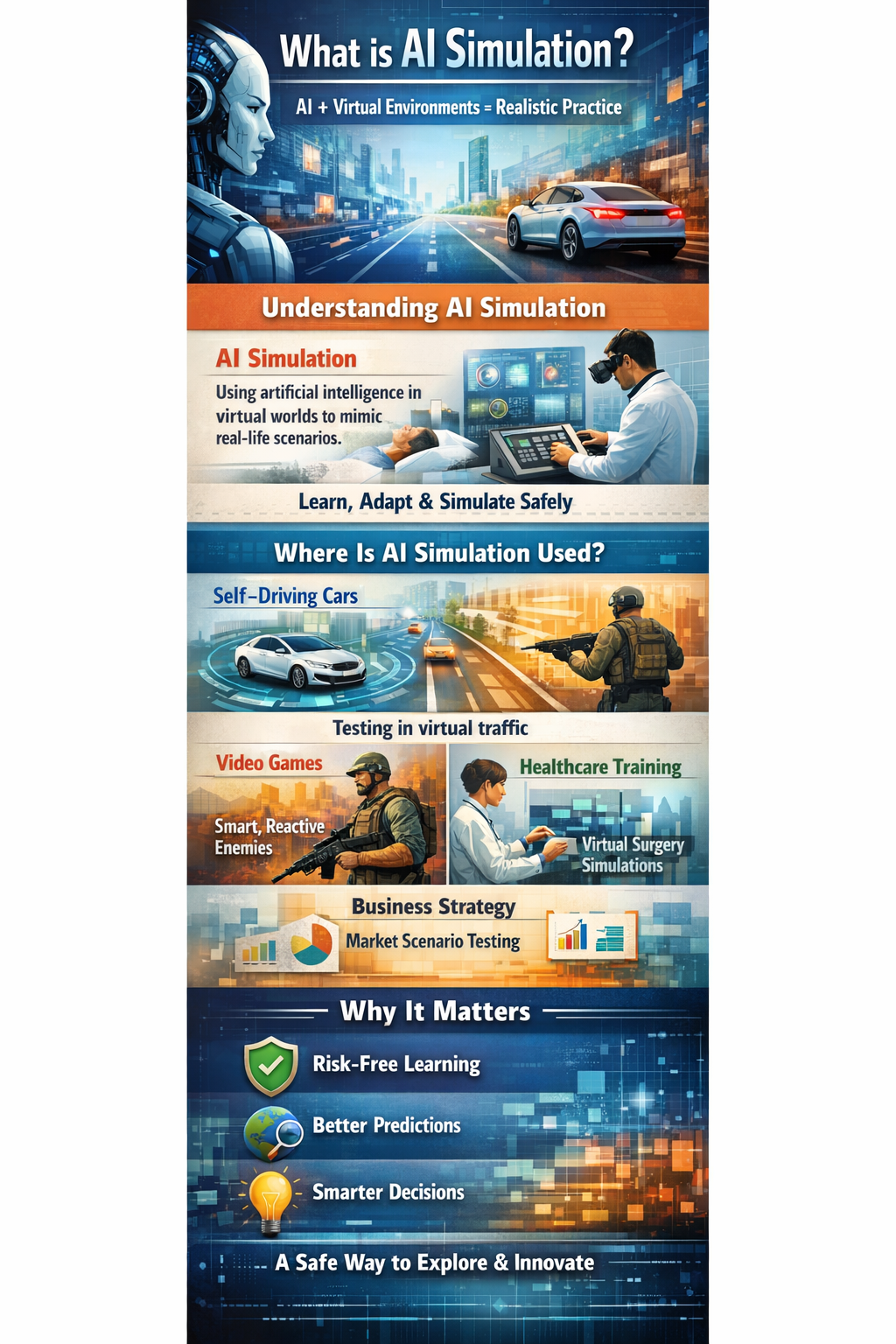 AI simulation infographic explaining how artificial intelligence uses virtual environments for realistic practice, including self-driving cars, video games, healthcare training, and business strategy.