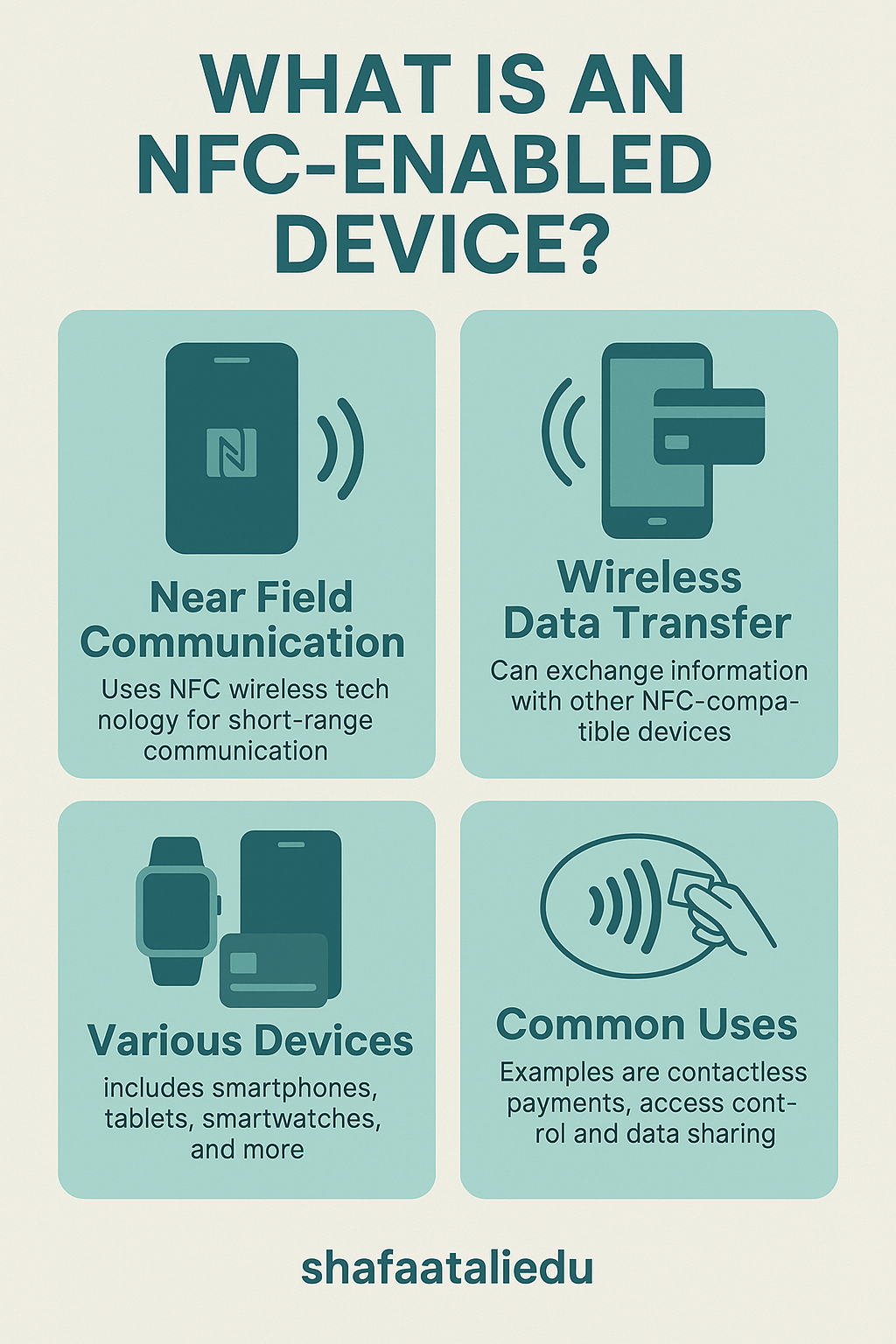 Infographic explaining what an NFC-enabled device is, including its use in wireless communication, data transfer, and common applications like contactless payments.