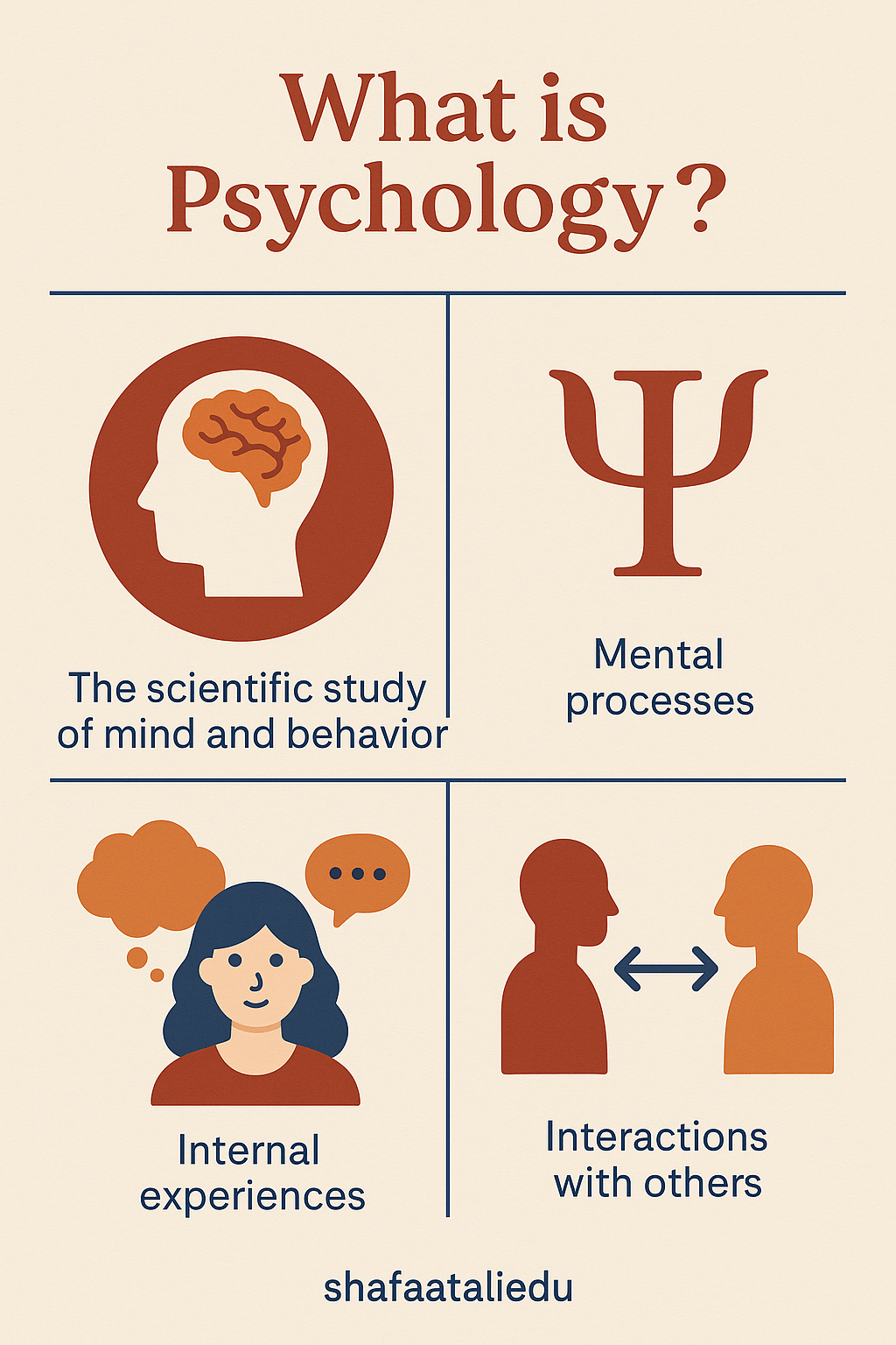 Infographic explaining what psychology is, including illustrations and terms such as "the scientific study of mind and behavior," "mental processes," "internal experiences," and "interactions with others."