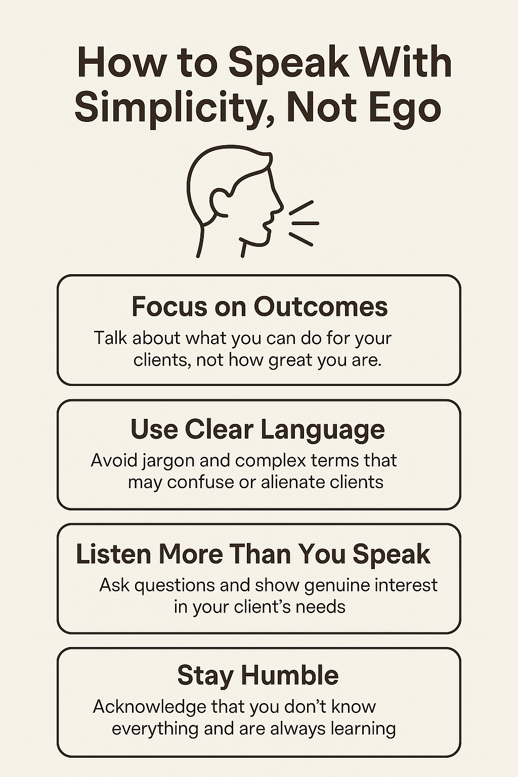 Infographic outlining four tips for speaking with simplicity and humility in client communication.