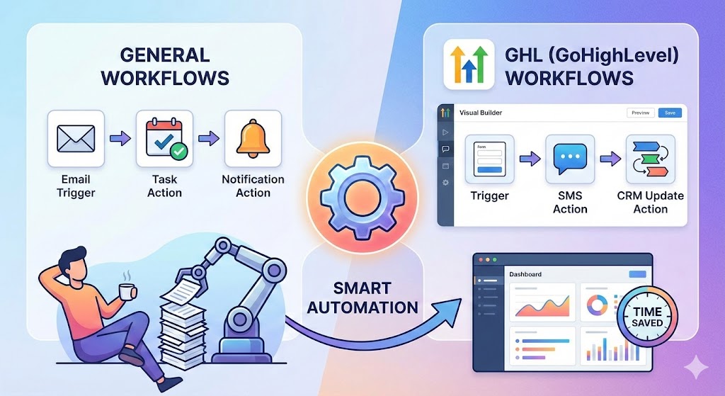 Comparison of general workflows and GoHighLevel workflows showing email triggers, task actions, notifications, SMS actions, CRM updates, and smart automation with time-saving benefits.