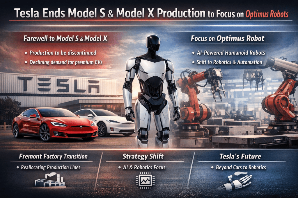 Tesla announces end of Model S and Model X production as Optimus humanoid robot stands in front of factory with robotic arms and Tesla vehicles.