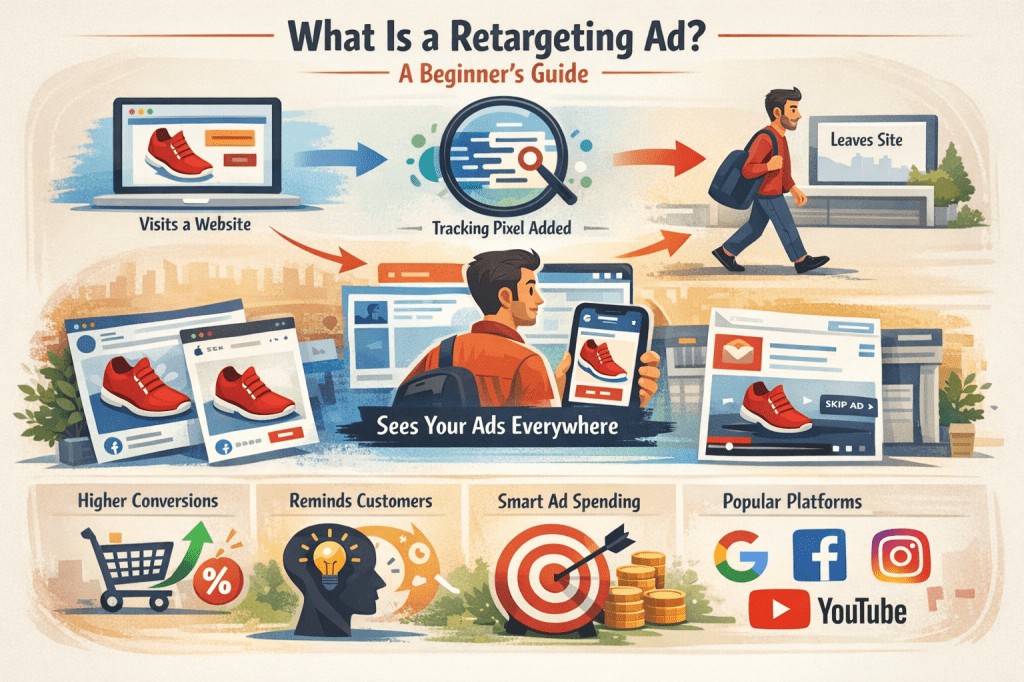 Illustration explaining retargeting ads, showing website visit, tracking pixel, user leaving site, and seeing ads across platforms.
