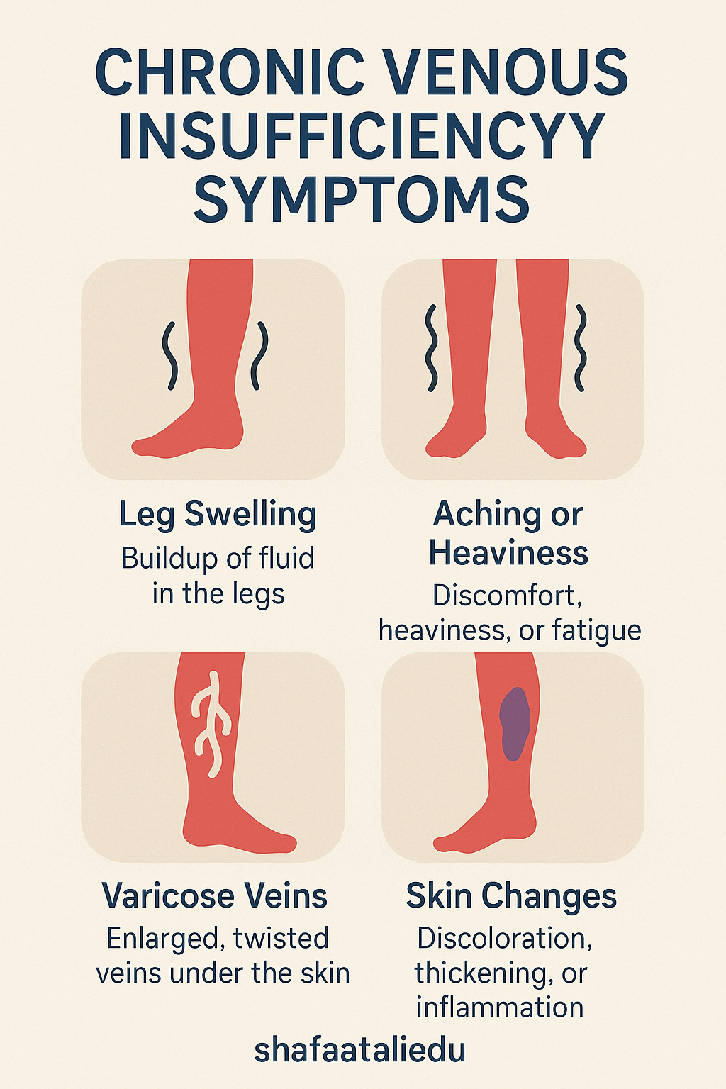 Infographic showing symptoms of chronic venous insufficiency including leg swelling, aching or heaviness, varicose veins, and skin changes.