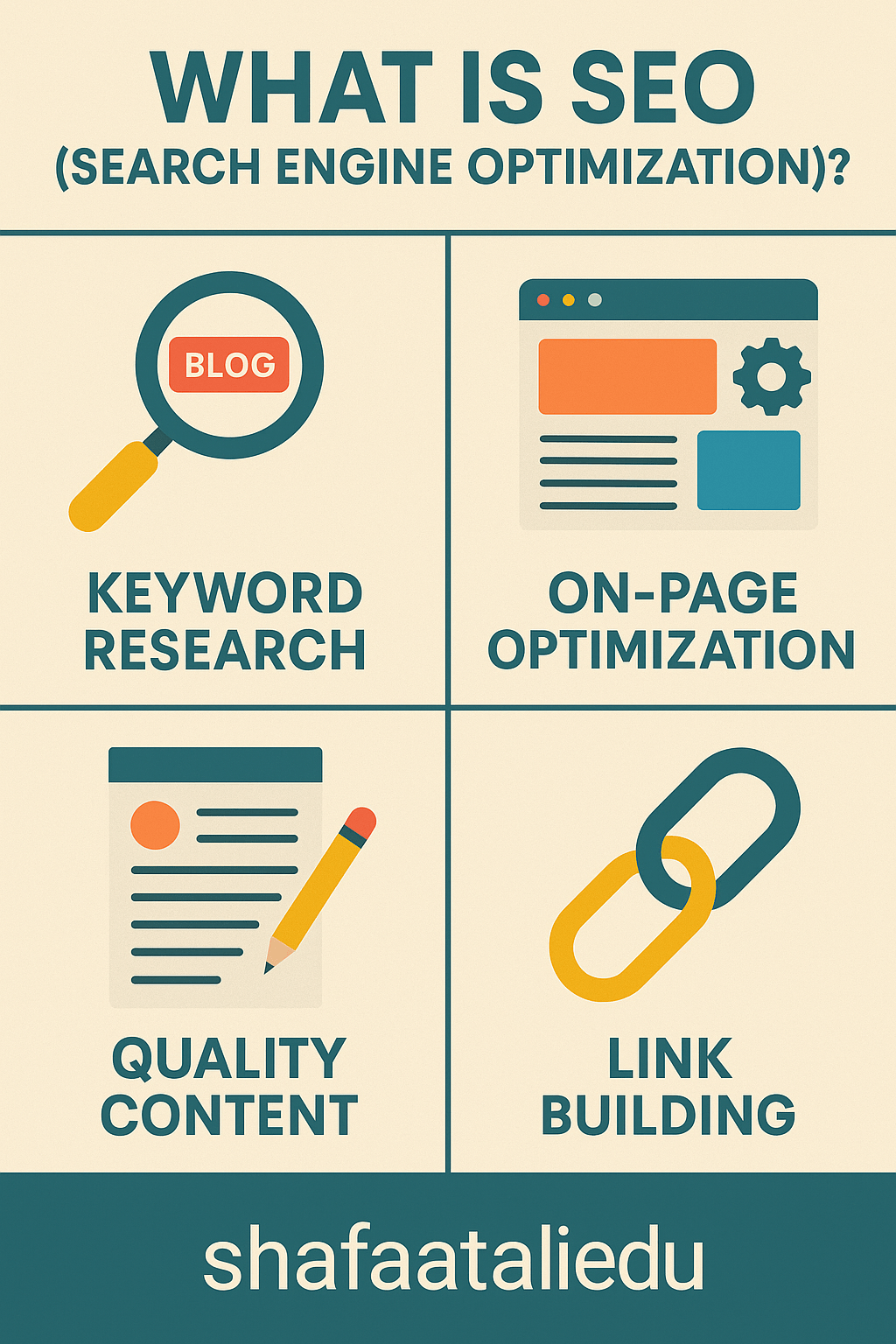 Infographic explaining the key components of SEO, including keyword research, on-page optimization, quality content, and link building.