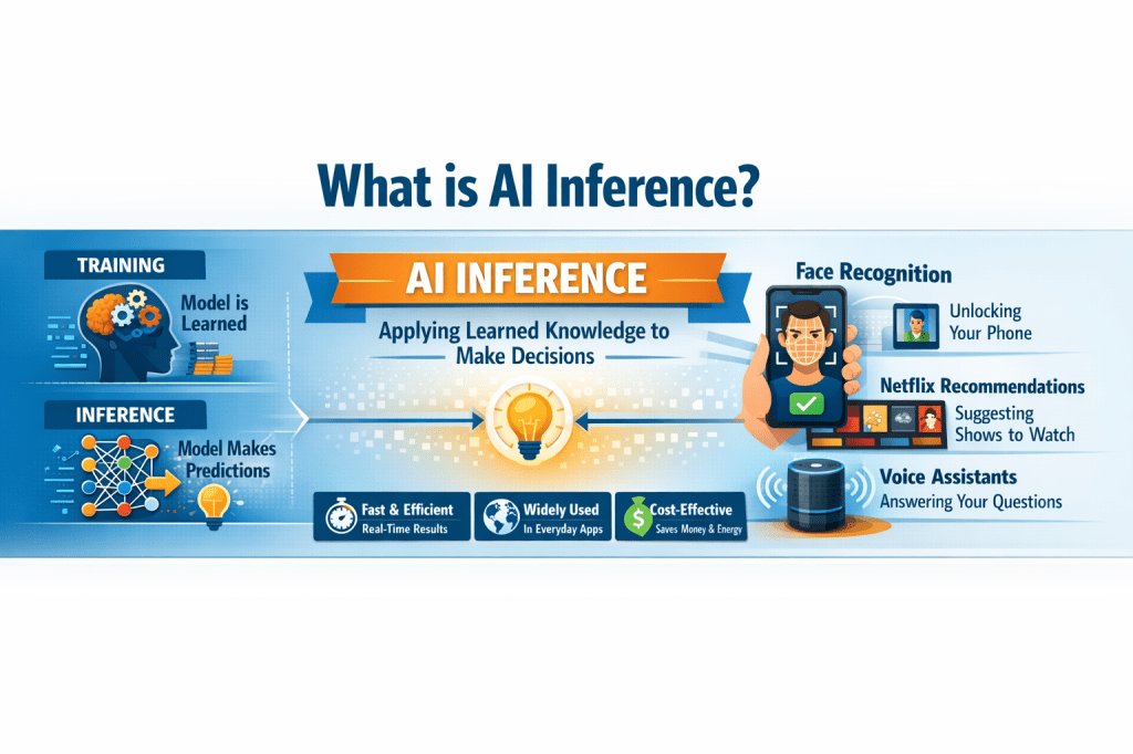 Infographic explaining AI inference, showing how trained models apply learned knowledge to make predictions, with examples like face recognition, Netflix recommendations, and voice assistants.