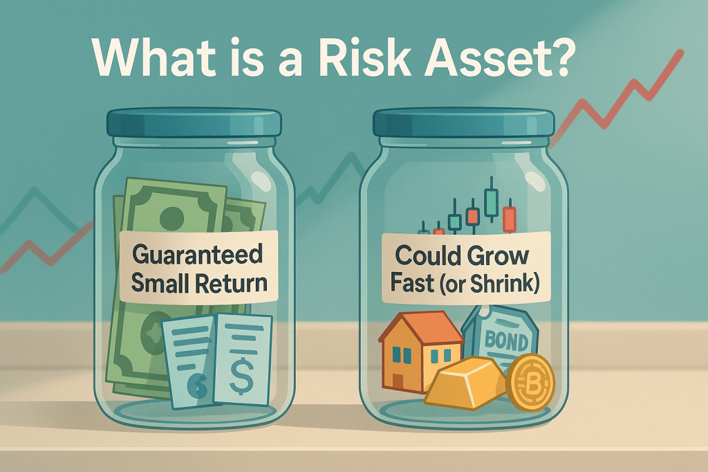 Two jars illustrating the difference between low-risk and risk assets, with one labeled "Guaranteed Small Return" and the other "Could Grow Fast (or Shrink)."