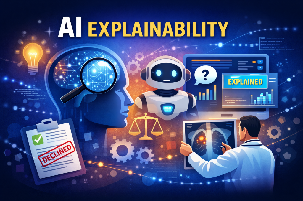 AI explainability concept illustration featuring a robot, human head with magnifying glass, doctor analyzing medical scan, fairness scale, and declined application document.
