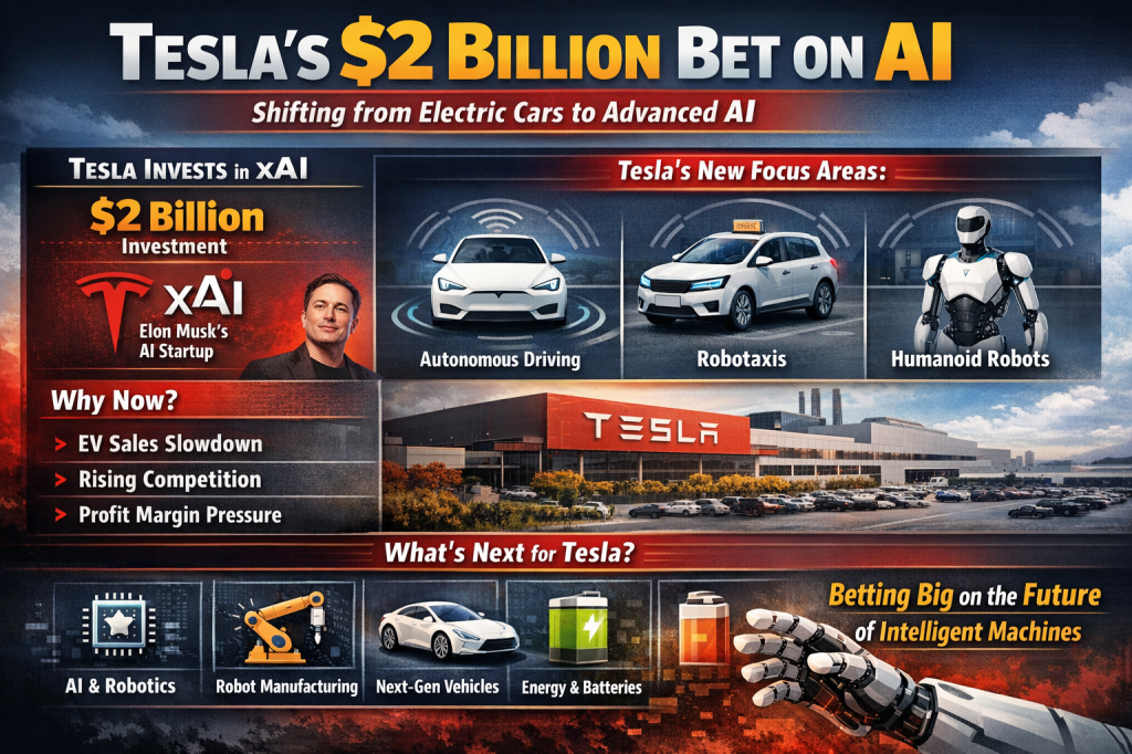 Infographic showing Tesla’s $2 billion investment in AI, highlighting autonomous driving, robotaxis, humanoid robots, and xAI.