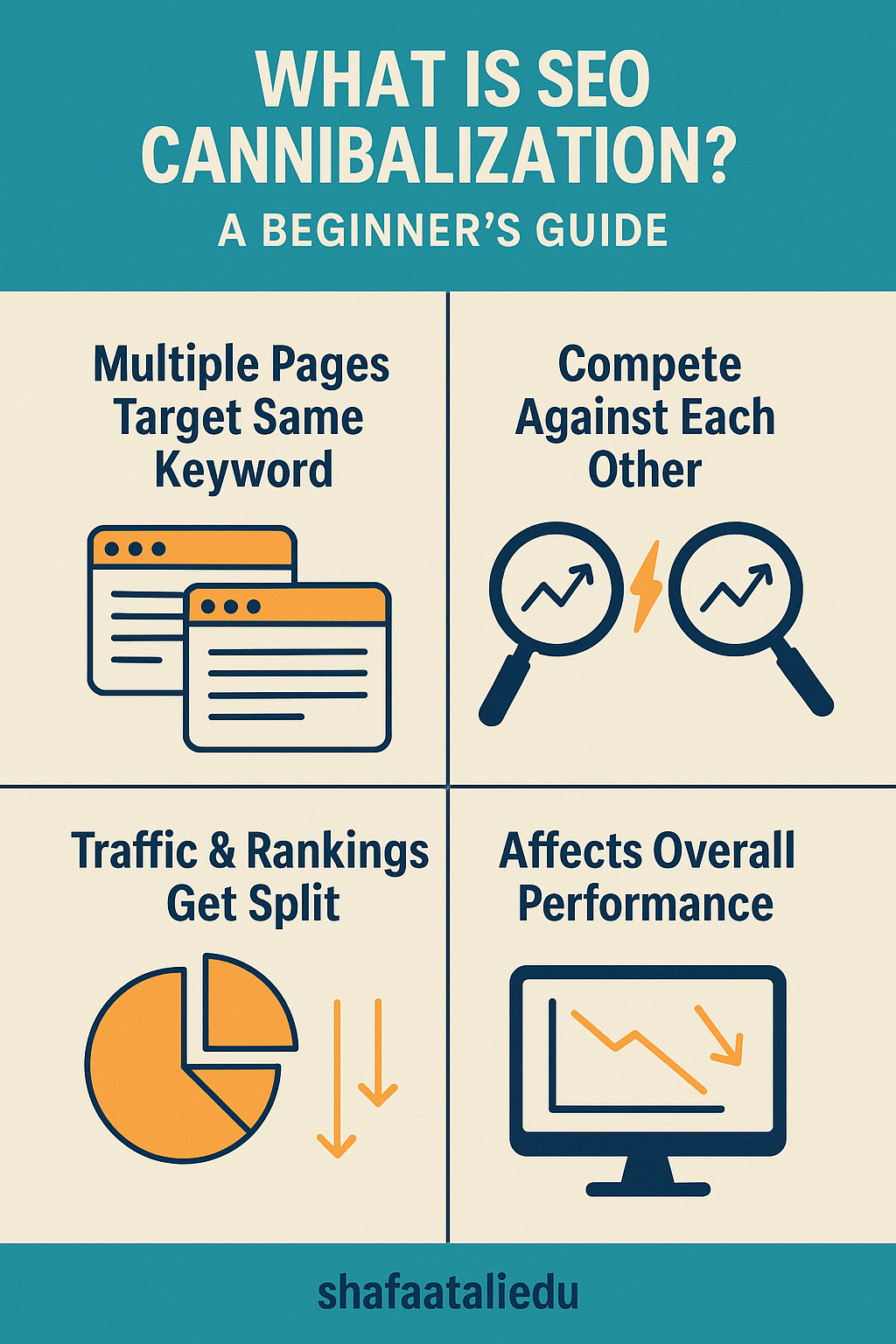 Infographic explaining SEO cannibalization for beginners, highlighting keyword overlap, internal competition, traffic splitting, and reduced performance.