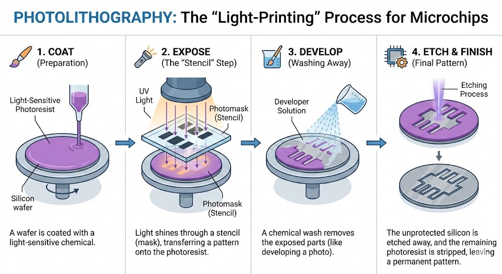 Photolithography process diagram showing coating, UV exposure, development, and etching steps used to pattern silicon wafers for microchip manufacturing.