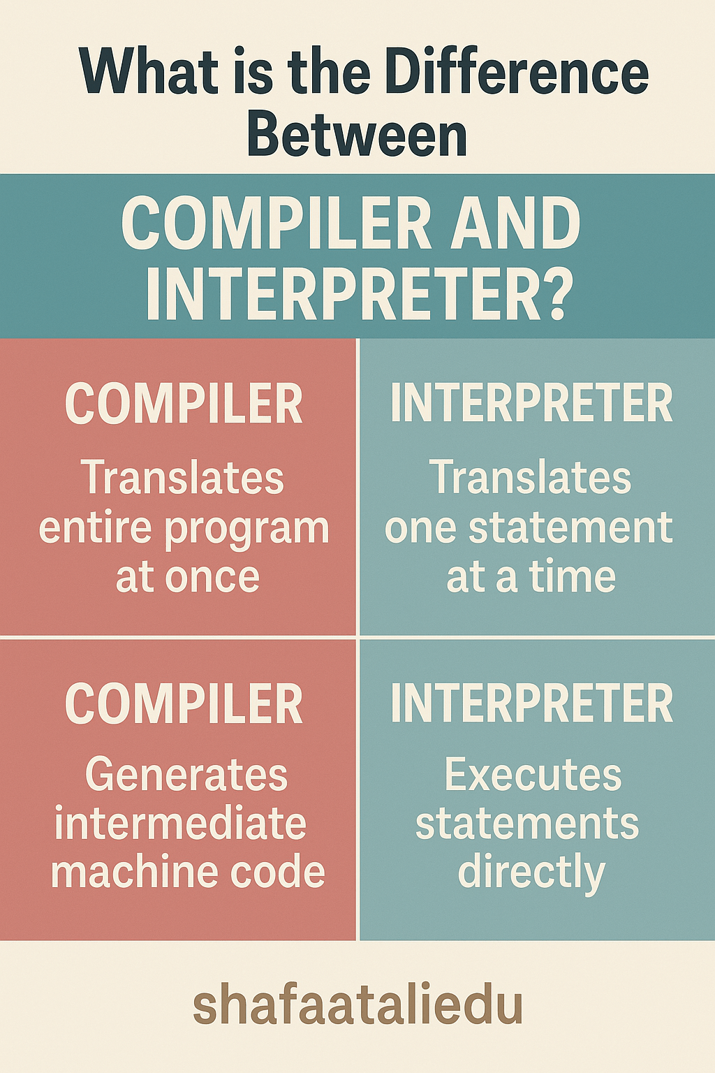 Infographic comparing a compiler and an interpreter, including how they translate code and execute instructions.