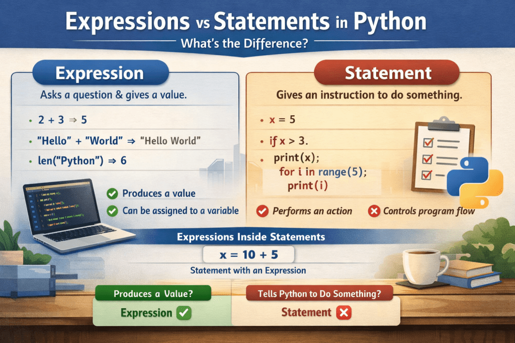 Infographic comparing expressions vs statements in Python with examples like arithmetic expressions, string concatenation, assignments, and control flow statements.