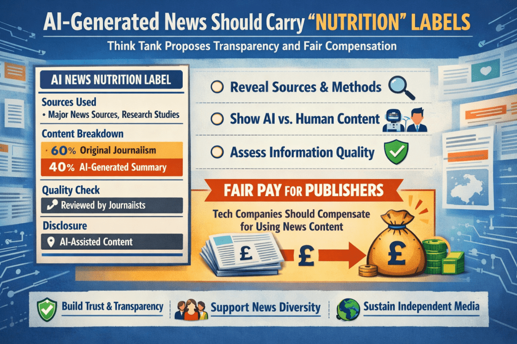 Infographic explaining AI-generated news nutrition labels, showing content sources, AI vs human journalism breakdown, transparency, and fair pay for publishers.
