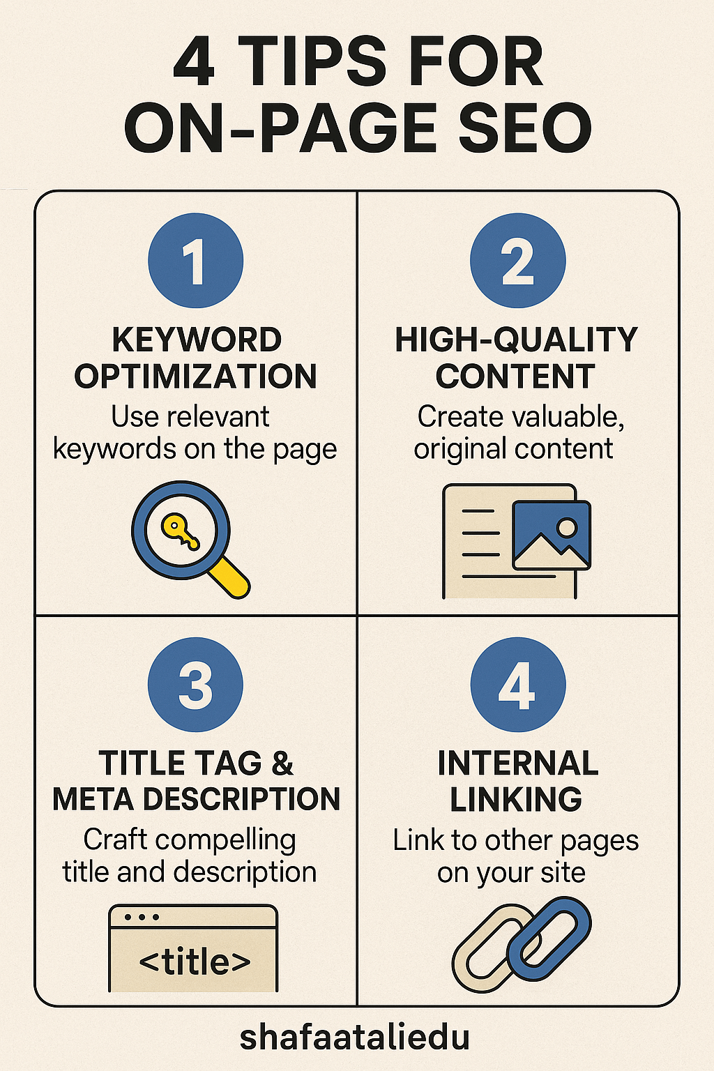 Infographic showing 4 tips for on-page SEO: keyword optimization, high-quality content, title tag and meta description, and internal linking.