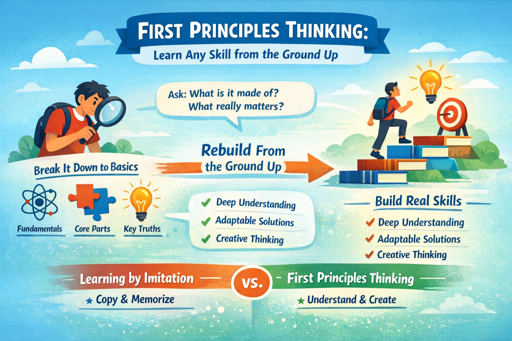 Illustration explaining first principles thinking, showing how to break skills down to fundamentals and rebuild understanding from the ground up.