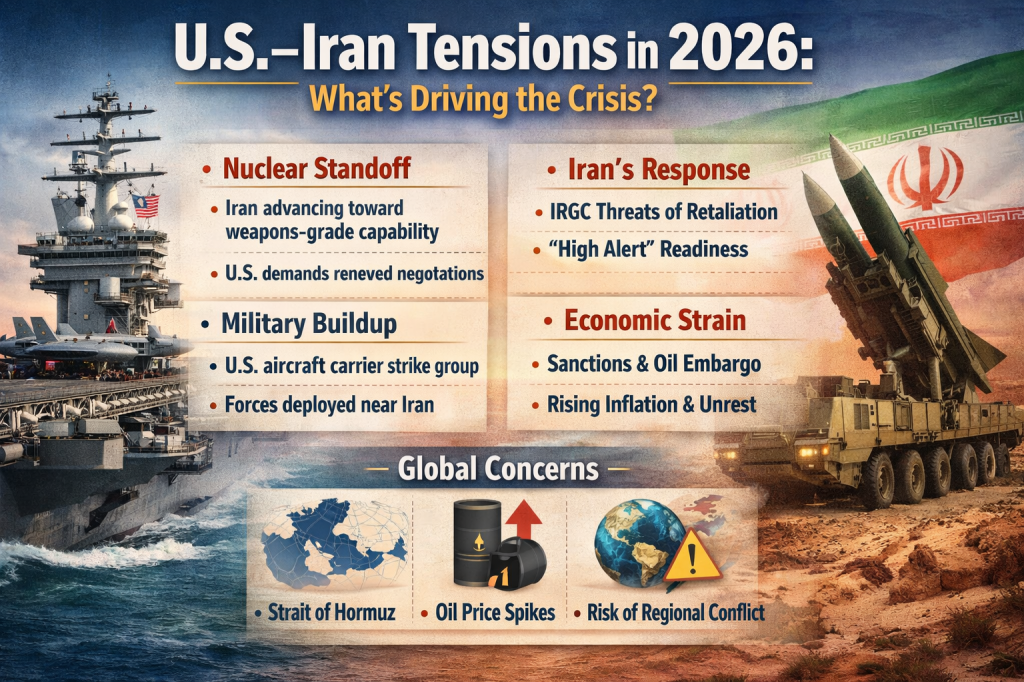 Infographic showing U.S.–Iran tensions in 2026, highlighting nuclear standoff, military buildup, economic strain, and global risks like oil price spikes and regional conflict.
