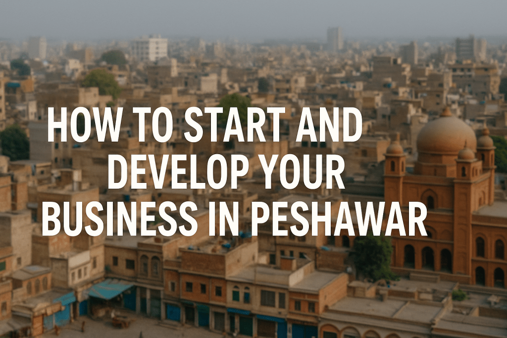 Aerial view of Peshawar city with historic architecture and a large mosque, overlaid with the text “How to Start and Develop Your Business in Peshawar.”