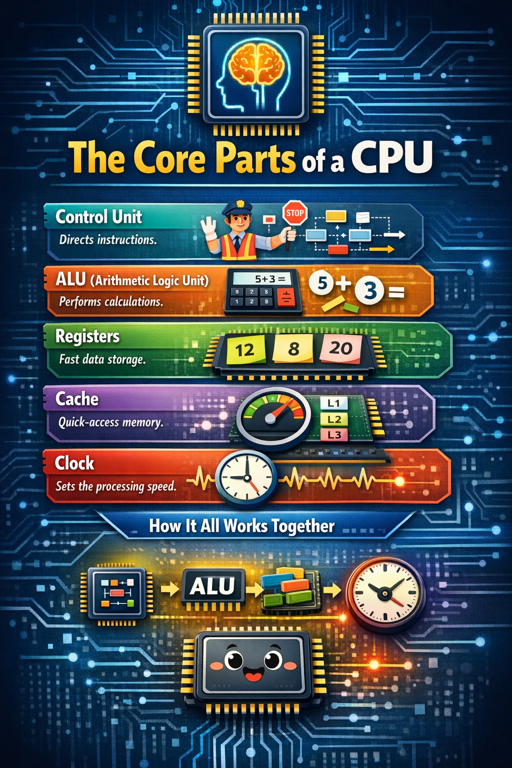 Infographic showing the core parts of a CPU including Control Unit, ALU, Registers, Cache, and Clock with colorful illustrations and circuit board background.