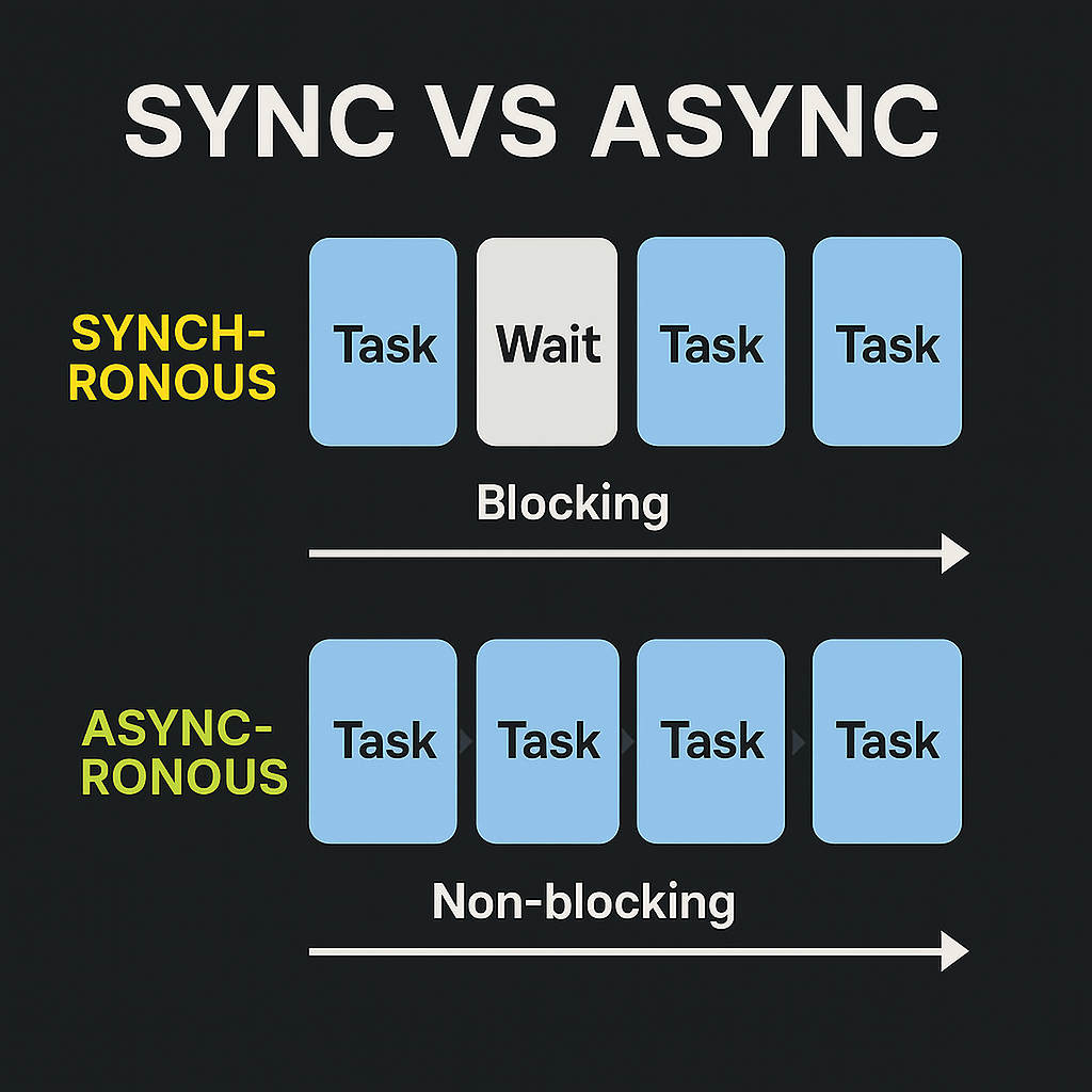 Infographic showing the difference between synchronous (blocking) and asynchronous (non-blocking) programming with labeled tasks and directional arrows to illustrate task flow.