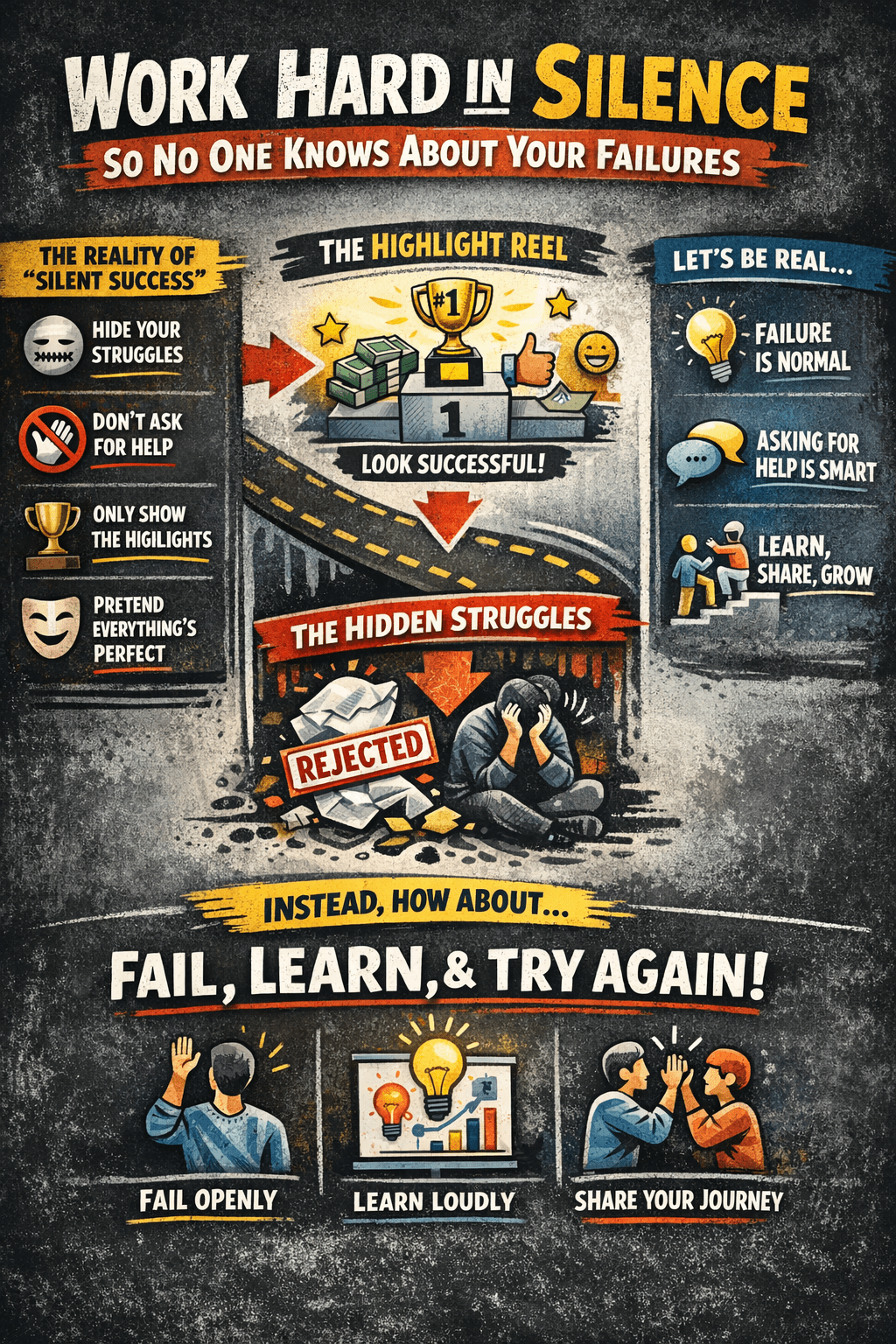 Motivational infographic showing the myth of “working hard in silence,” contrasting public success highlights with hidden struggles, and encouraging open failure, learning, and growth.