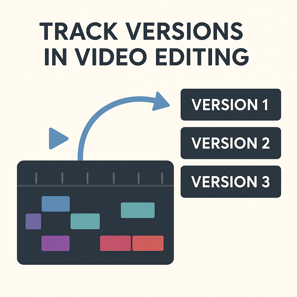 Infographic about tracking versions in video editing, showing a timeline connected to multiple labeled versions (Version 1, Version 2, Version 3).