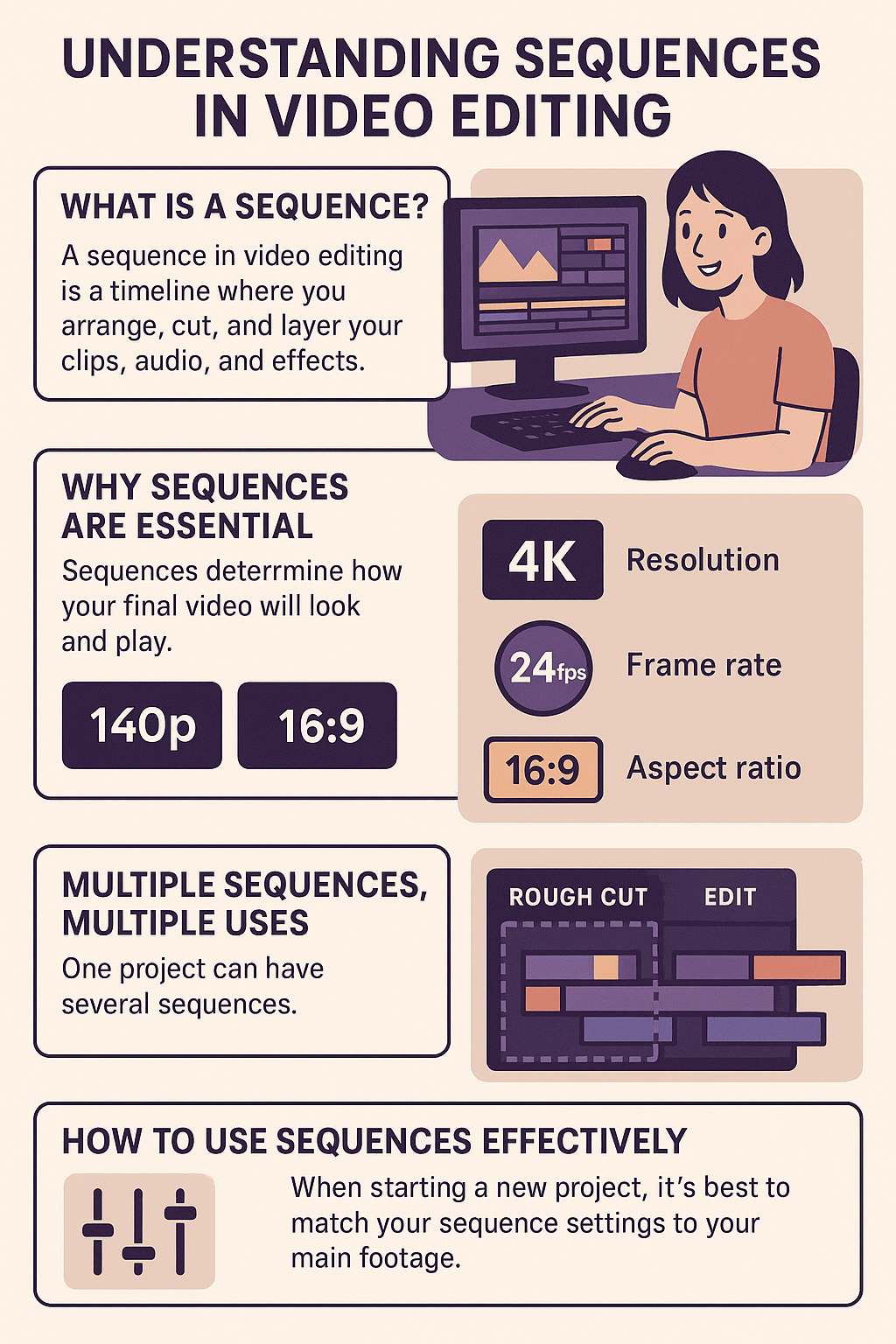 Infographic explaining sequences in video editing, covering what a sequence is, why it’s essential, multiple sequence uses, and tips for using them effectively.