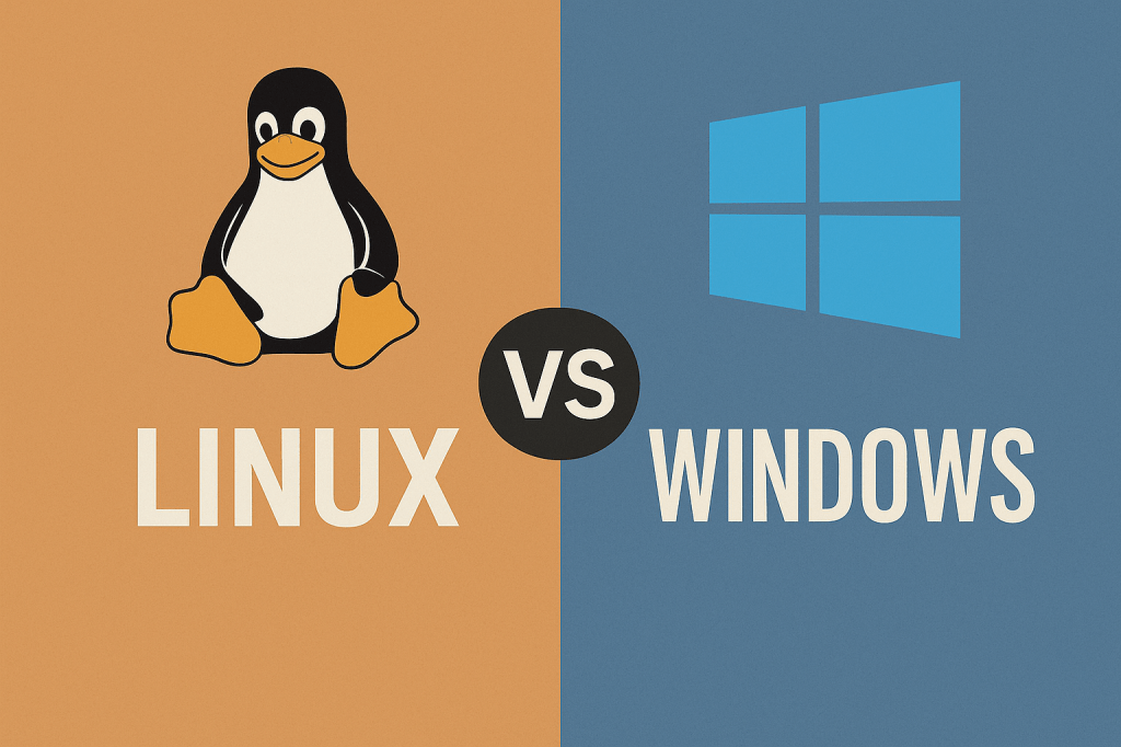 “Illustration comparing Linux and Windows operating systems, featuring the Linux Tux penguin logo on the left and the Windows logo on the right with ‘VS’ in the center.”