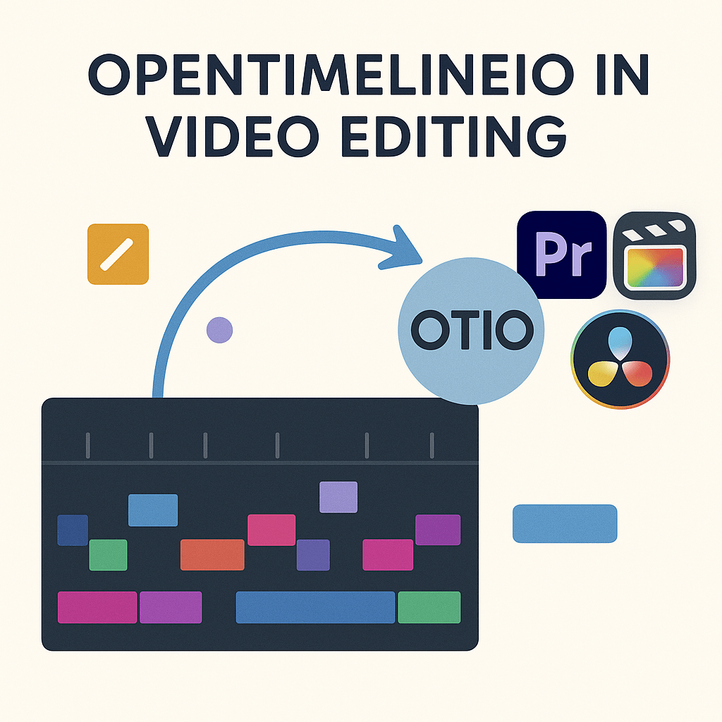 Illustration of OpenTimelineIO (OTIO) in video editing workflows, showing timeline exchange between editing software like Adobe Premiere Pro, Final Cut Pro, and DaVinci Resolve.