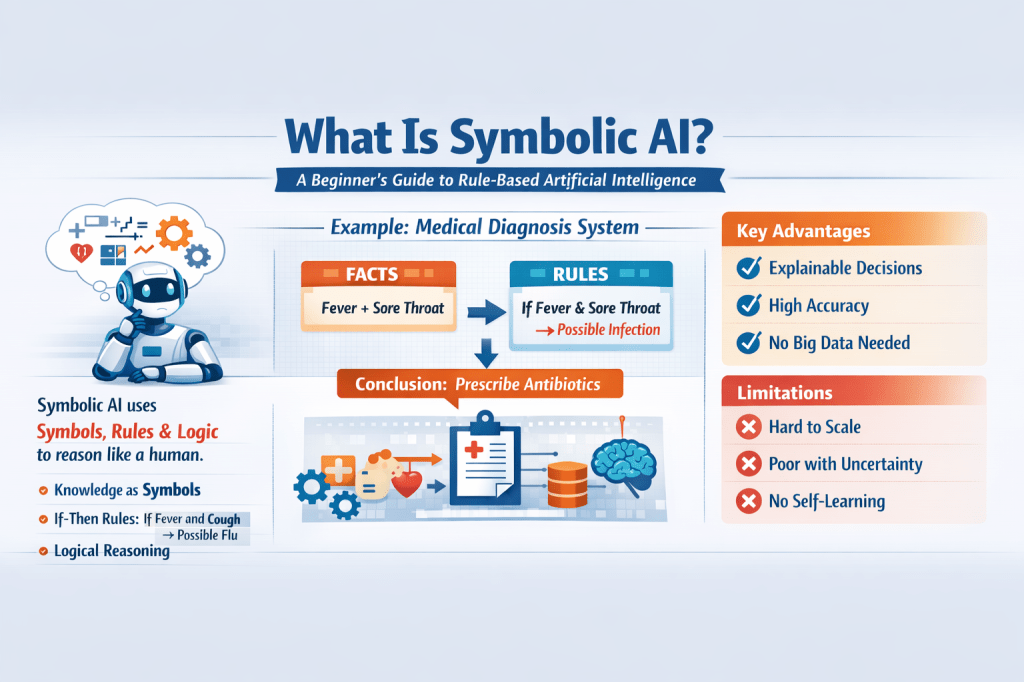 Infographic explaining symbolic AI with rule-based reasoning, medical diagnosis example, advantages, and limitations of symbolic artificial intelligence.